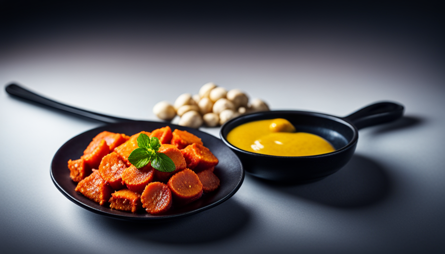 An image showcasing a vibrant, freshly cooked meal with a plate of curcumin supplements placed beside it, highlighting the contrasting choices of taking curcumin with food or on an empty stomach