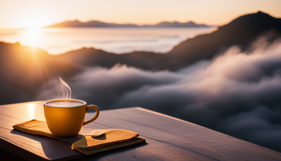 An image showcasing a serene sunrise or a tranquil sunset scene, with a cup of warm golden turmeric latte placed on a wooden table