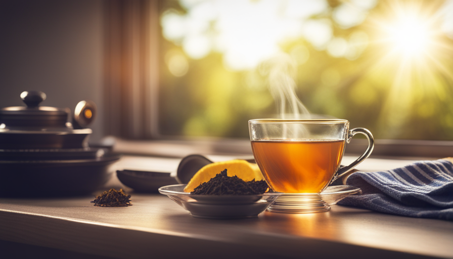 An image showcasing a serene morning scene with a cup of steaming herbal tea infused with turmeric, surrounded by fasting essentials like an empty plate, an alarm clock, and a ray of sunlight peeking through a window