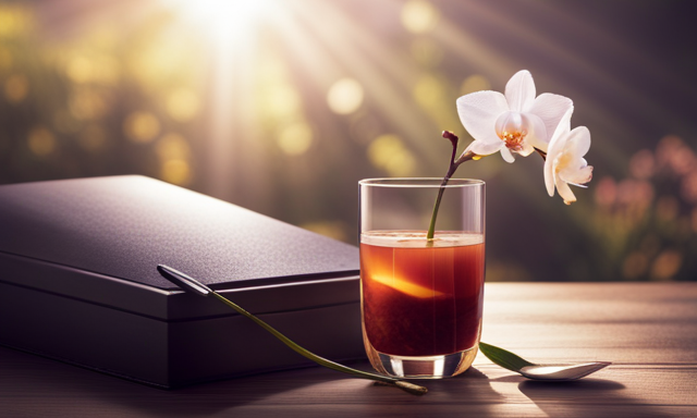 An image showcasing the Tazo Organic Vanilla Rooibos Parfait Tea packaging placed on a rustic wooden table, surrounded by blooming vanilla orchids, with a soft morning sunlight gently illuminating the scene