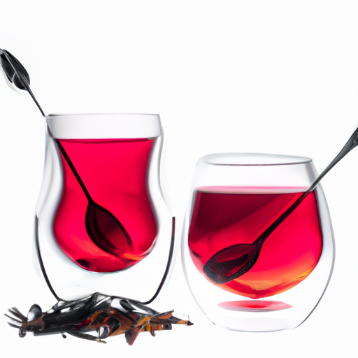 An image showcasing a delicate porcelain teacup filled with aromatic herbal tea, accompanied by a crystal-clear glass filled with a vibrant, ruby-red cocktail