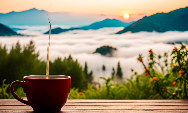 An image showcasing the diverse world of tea through vibrant visuals: a sunrise-hued cup of Darjeeling, a lush Assam tea garden with misty mountains, and a vibrant red Rooibos bush in South Africa's arid landscape