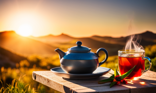 An image showcasing a steaming cup of vibrant red Rooibos tea, surrounded by a lush, sun-kissed South African landscape