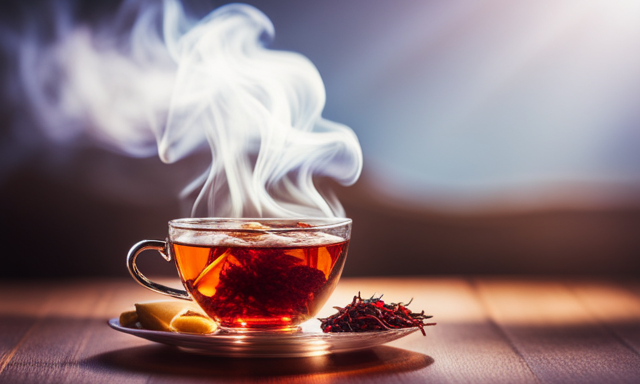 An image showcasing a vibrant cup of steaming rooibos tea, filled with rich amber hues