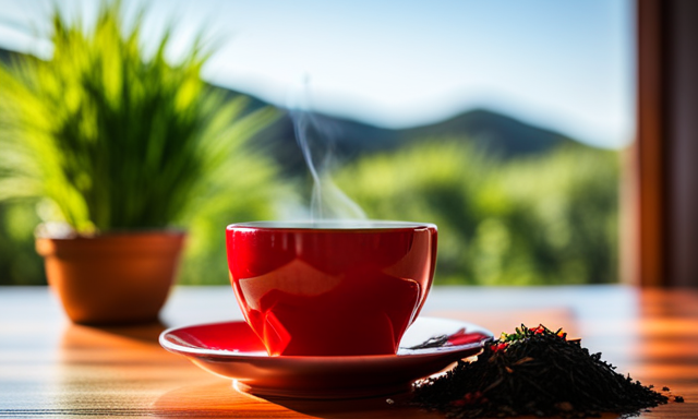 An image capturing the soothing ritual of sipping rooibos tea, showcasing a vibrant red cup filled with steaming tea leaves surrounded by a serene backdrop of blooming rooibos plants, evoking a sense of relaxation and rejuvenation