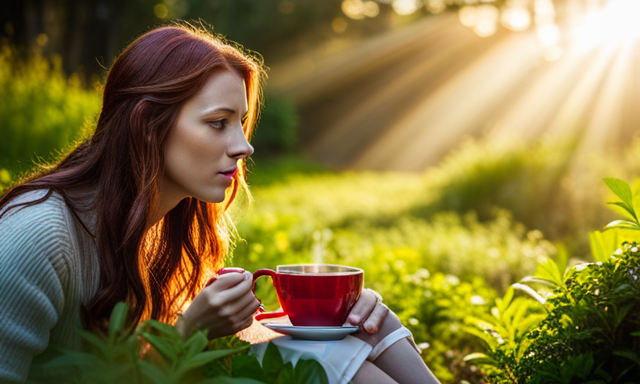 An image showcasing a serene morning scene: a person peacefully sipping a cup of vibrant red rooibos tea, surrounded by lush greenery, with rays of golden sunlight filtering through the leaves