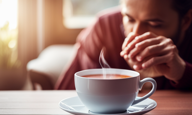 An image showcasing a cozy, serene scene of a person savoring a steaming cup of vibrant, red Rooibos tea