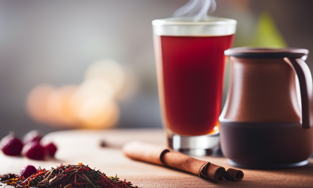 An image showcasing a vibrant cup of steaming rooibos tea, surrounded by an assortment of healthful ingredients like antioxidant-rich berries, soothing chamomile flowers, and aromatic cinnamon sticks