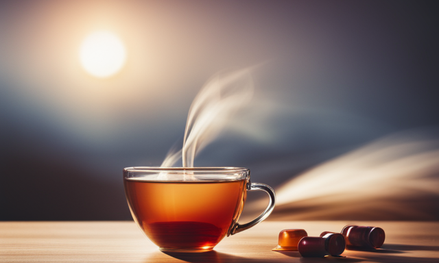 An image showcasing a serene, minimalist setting with a cup of steaming rooibos tea capsules