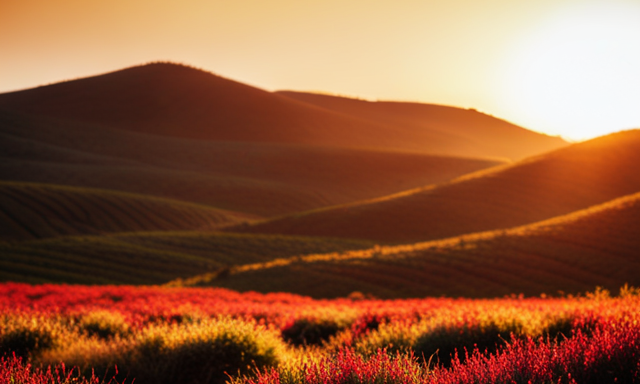 An image showcasing a serene, sun-kissed rooibos tea plantation, with vibrant red bushes stretching across rolling hills