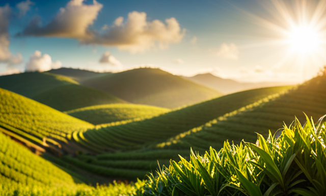 An image showcasing a vibrant, lush yerba mate plantation, with a serene backdrop of rolling hills and clear blue skies