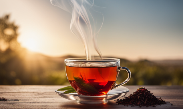 An image showcasing a steaming cup of rooibos tea, beautifully capturing the vibrant reddish hue of the infusion, while highlighting the delicate leaves, twigs, and aromatic herbs that compose this South African herbal tea