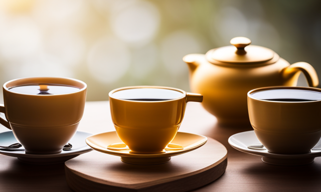 An image showcasing three elegant teacups, each filled with distinctively vibrant tea: a deep, amber-hued black tea, a fresh and vibrant green tea, and a golden-hued oolong tea