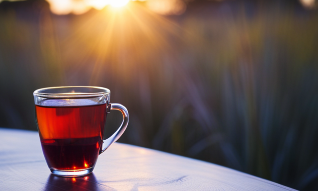 An image showcasing a serene, sun-kissed landscape with a cup of vibrant red Rooibos tea nestled amidst a lush field of indigenous South African plants, evoking the essence of purity, relaxation, and the health benefits of this delicious herbal infusion