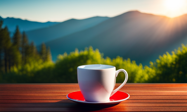 An image showcasing a serene scene with a steaming cup of vibrant red Rooibos tea, surrounded by lush greenery and a backdrop of rolling hills, evoking a sense of relaxation and wellness