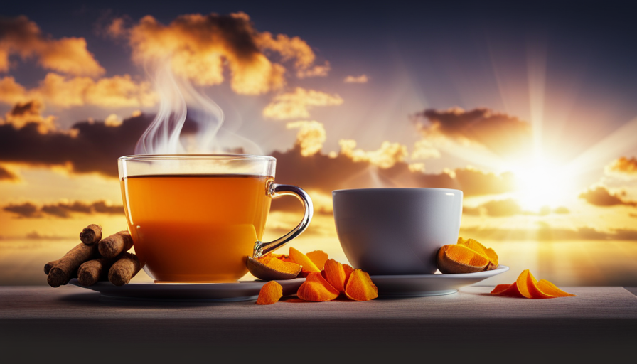 An image of a steaming cup of vibrant Ukon turmeric tea, showcasing its rich golden hue