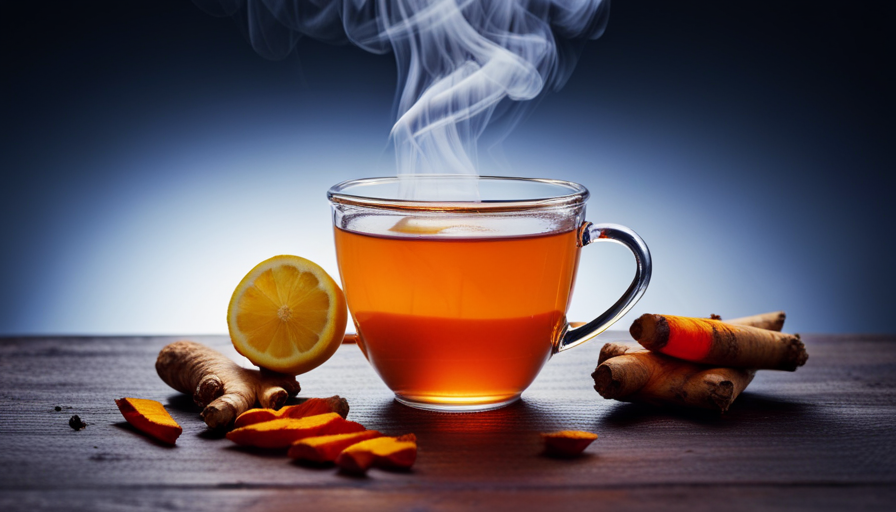 An image of a steaming cup of vibrant Ukon turmeric tea, showcasing its rich golden hue