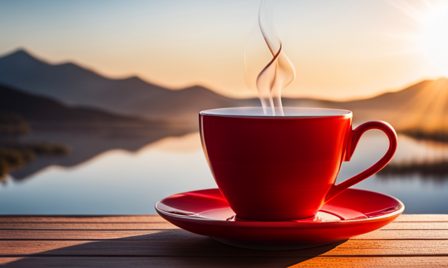 An image showcasing a serene setting with a cup of steaming rooibos tea, highlighting its vibrant red color, rich aroma, and a delicate steam rising from the cup