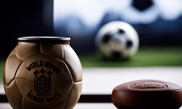 An image featuring a close-up shot of a steaming cup of yerba mate, adorned with the iconic logo of a well-known brand, as it sits on a rustic wooden table beside a soccer ball autographed by Lionel Messi