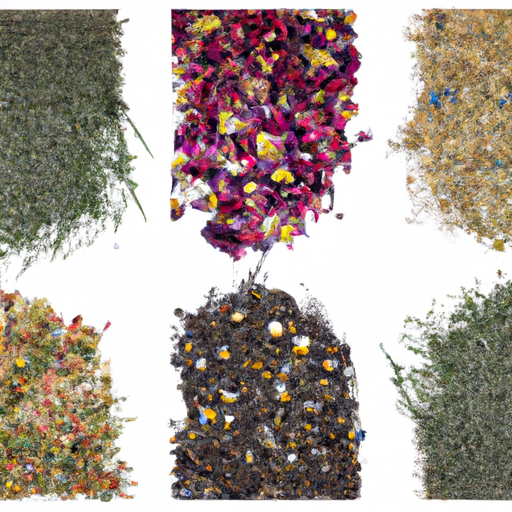 An image showcasing a variety of vibrant, organic tea leaves, blossoming with delicate flowers, aromatic herbs, and soothing spices