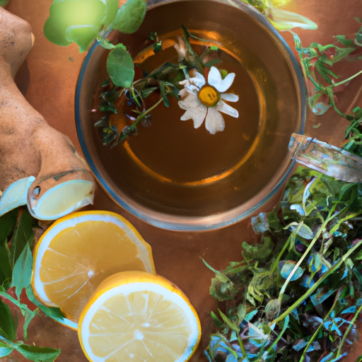 An image featuring a steaming cup of herbal tea infused with fresh ginger slices, lemon wedges, and a dollop of honey, surrounded by vibrant green herbs like thyme, sage, and chamomile blossoms