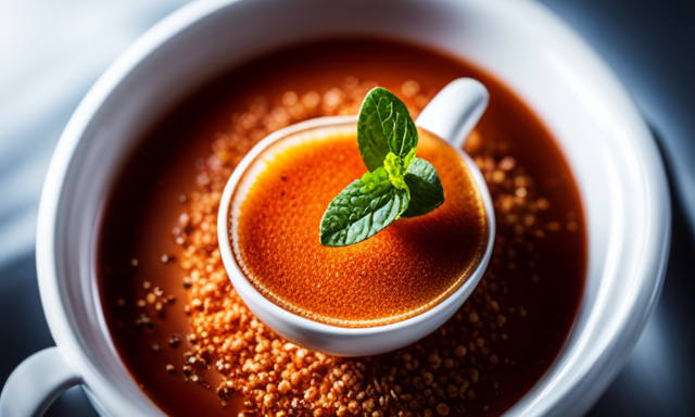 An image showcasing a vibrant cup of Rooibos tea, elegantly adorned with a sprinkle of aromatic cinnamon powder, a slice of zesty orange, and a delicate garnish of fresh mint leaves