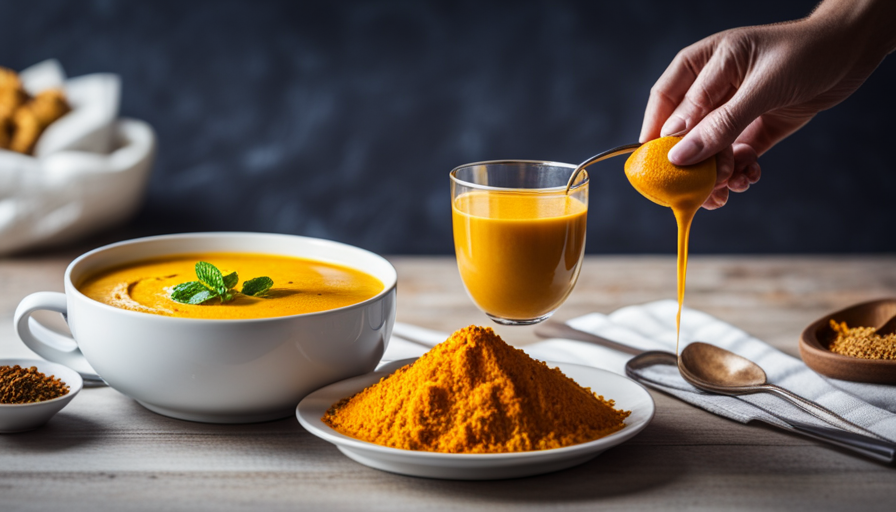 An image showcasing a vibrant assortment of culinary possibilities with fresh turmeric: a golden-hued smoothie bowl topped with sliced turmeric, a fragrant curry simmering in a pot, and a turmeric-infused latte in a cozy mug