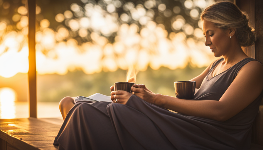 An image that showcases a serene scene of a person sitting in a cozy nook, cradling a warm cup of herbal tea, surrounded by lush greenery, softly lit by a warm, golden sunset