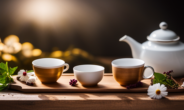 An image showcasing a cozy, rustic wooden tea tray adorned with delicate porcelain teacups filled with vibrant, aromatic herbal infusions like chamomile, hibiscus, and peppermint, enticing readers to explore delightful substitutes for rooibos tea