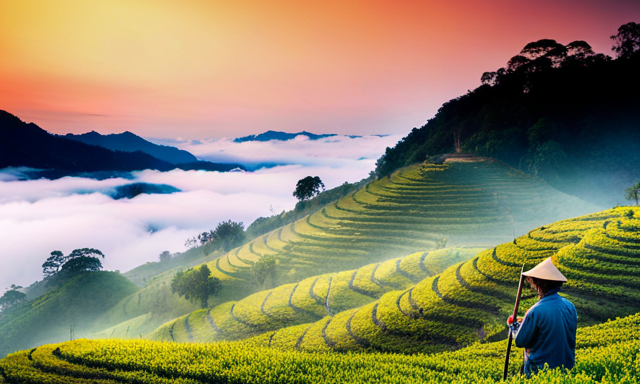 An image showcasing a serene landscape with terraced tea gardens nestled amidst misty mountains