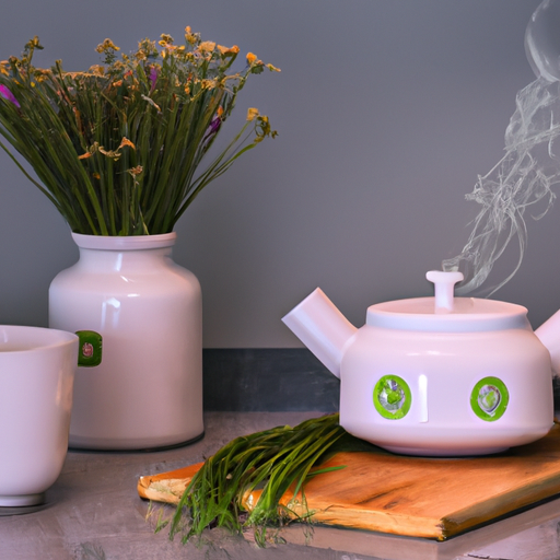 An image showcasing a serene kitchen scene with a teapot on a stove, fresh herbs neatly arranged on a wooden cutting board, a mortar and pestle, a strainer, and a steaming cup of herbal tea