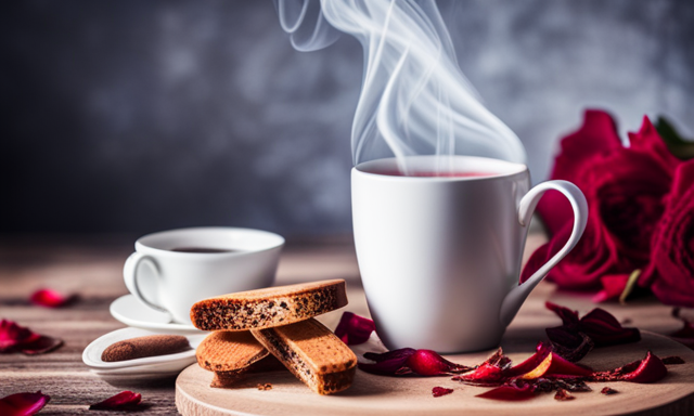 An image showcasing a steaming cup of rooibos tea, infused with aromatic vanilla pods, sprinkled with dried rose petals, and accompanied by a plate of almond biscotti on a wooden tray