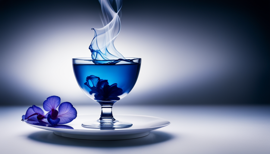 An image showcasing a delicate porcelain teacup filled with steaming, vibrant blue liquid
