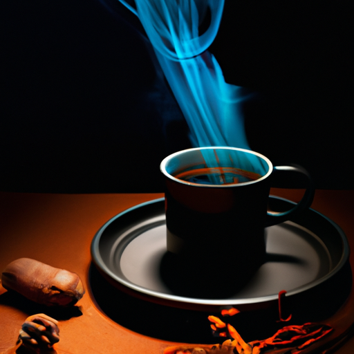 An image showcasing a cup of steaming herbal coffee, with chicory root as the main ingredient