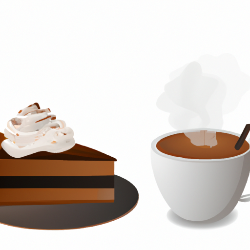 An image showcasing a cup of steaming hot coffee, accompanied by a slice of rich chocolate cake topped with a dollop of whipped cream