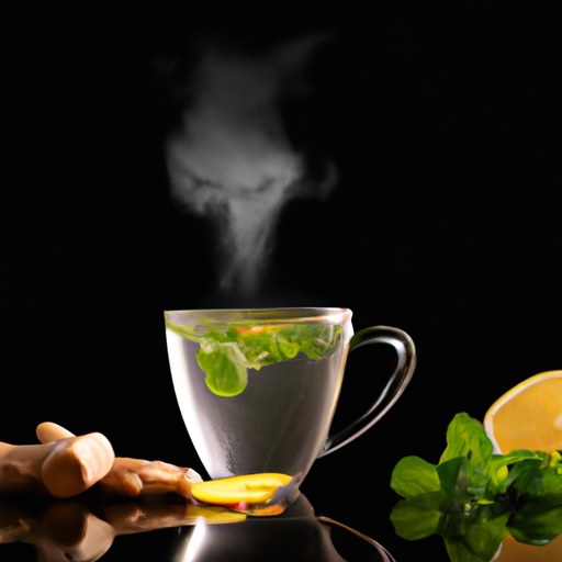 An image of a serene cup of detox herbal tea, steam gently rising from its vibrant green surface