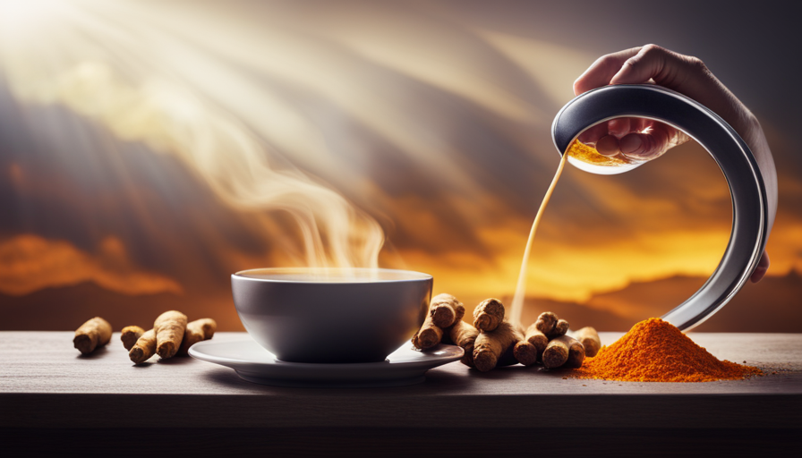 An image showcasing a steaming cup of ginger and turmeric tea, radiating vibrant golden hues