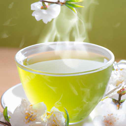 An image featuring a close-up of a steaming cup of herbal green tea, surrounded by vibrant, freshly plucked tea leaves and delicate blossoms, evoking a soothing and refreshing sensation