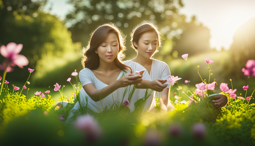 An image of a serene, sunlit garden with lush green tea leaves gently swaying in the breeze