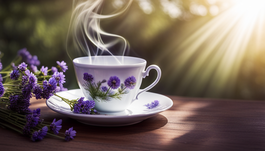 An image featuring a porcelain teacup, brimming with a steaming infusion of vibrant green chamomile flowers and fragrant lavender, as wisps of delicate steam rise and intertwine with the soft rays of sunlight filtering through a nearby window