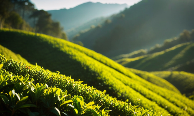 An image of a serene, sunlit tea plantation nestled in rolling hills, with delicate oolong tea leaves being carefully hand-picked by skilled workers, showcasing the meticulous craftsmanship and natural beauty that goes into producing this exquisite tea