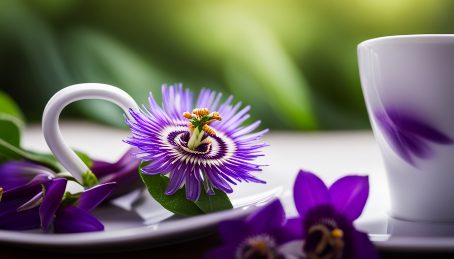 An image showcasing a warm cup of passion flower tea, steam gently rising, infused with vibrant purple petals and delicate green leaves