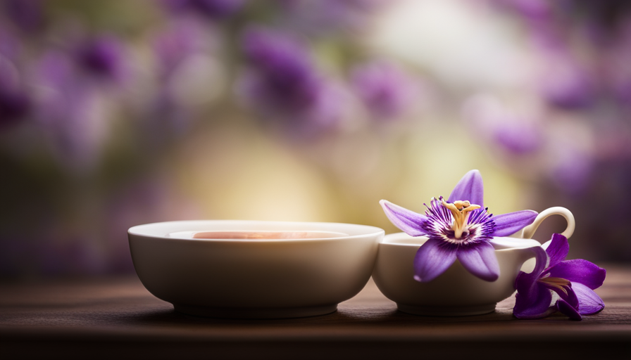 An image that captures the essence of passion flower tea: a delicate, porcelain teacup perched on a rustic wooden table, steam gently rising, adorned by vibrant purple petals floating in the fragrant, golden infusion