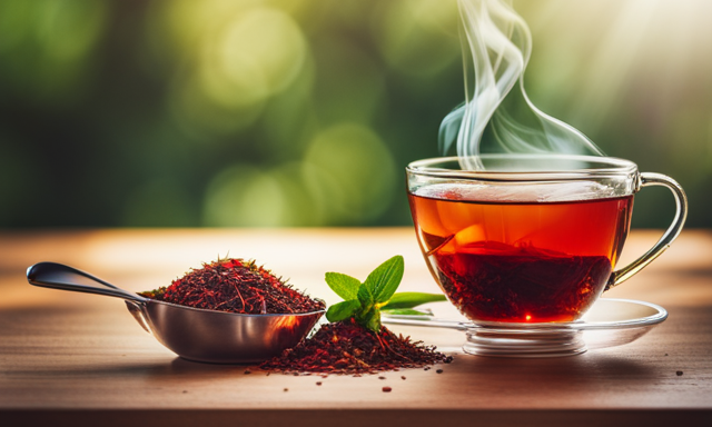 An image showcasing a vibrant, steamy cup of red Rooibos tea, filled to the brim with rich antioxidants