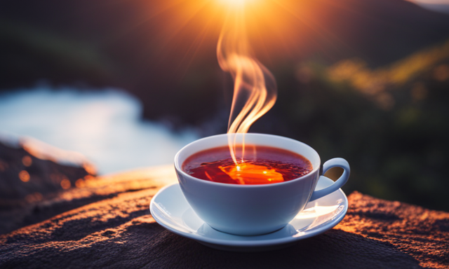 An image showcasing a warm, inviting mug filled with deep red, aromatic Rooibos tea