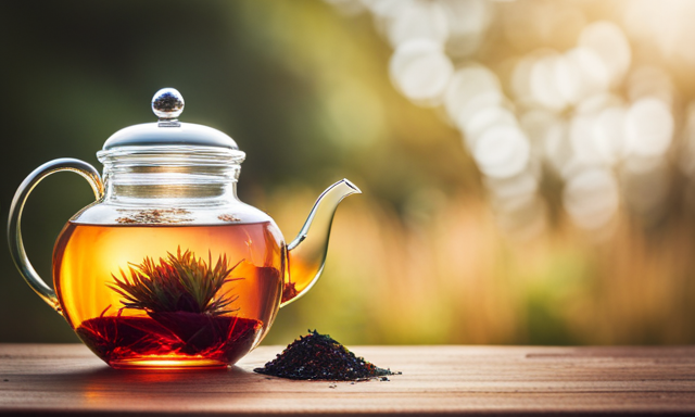 An image that captures the vibrant essence of Rooibos tea: a rich, rust-colored infusion gracefully swirling in a transparent teapot, adorned with delicate crimson leaves and specks of golden sunlight, inviting a soothing sensory experience