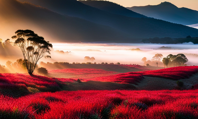 An image showcasing a serene, misty morning scene in a lush rooibos tea plantation, with vibrant red leaves glistening in the sunlight