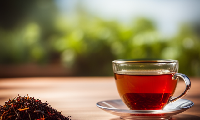 An image depicting a serene garden scene with a warm cup of vibrant red Rooibos tea surrounded by blooming Rooibos plants, highlighting its soothing and antioxidant-rich properties