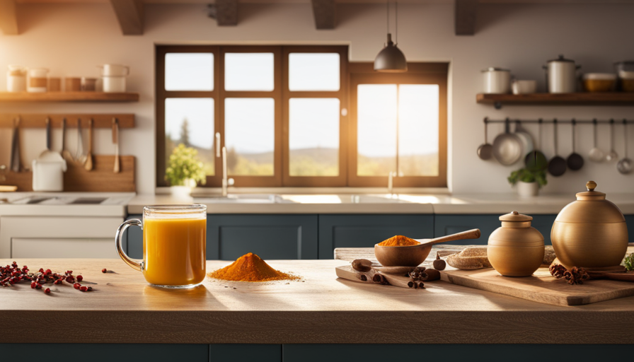 An image capturing a serene morning scene: a sun-kissed kitchen flooded with soft golden light