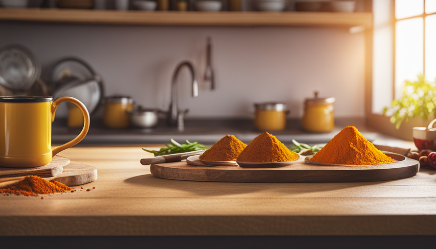 An image capturing a serene morning scene: a sun-kissed kitchen flooded with soft golden light